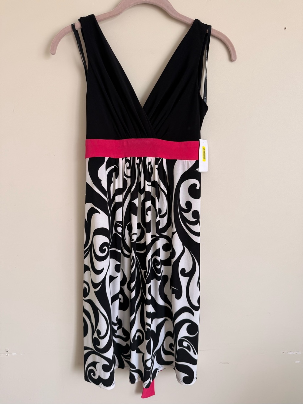 B Darlin Black & White Swirl Midi Dress with Pink Waistband
